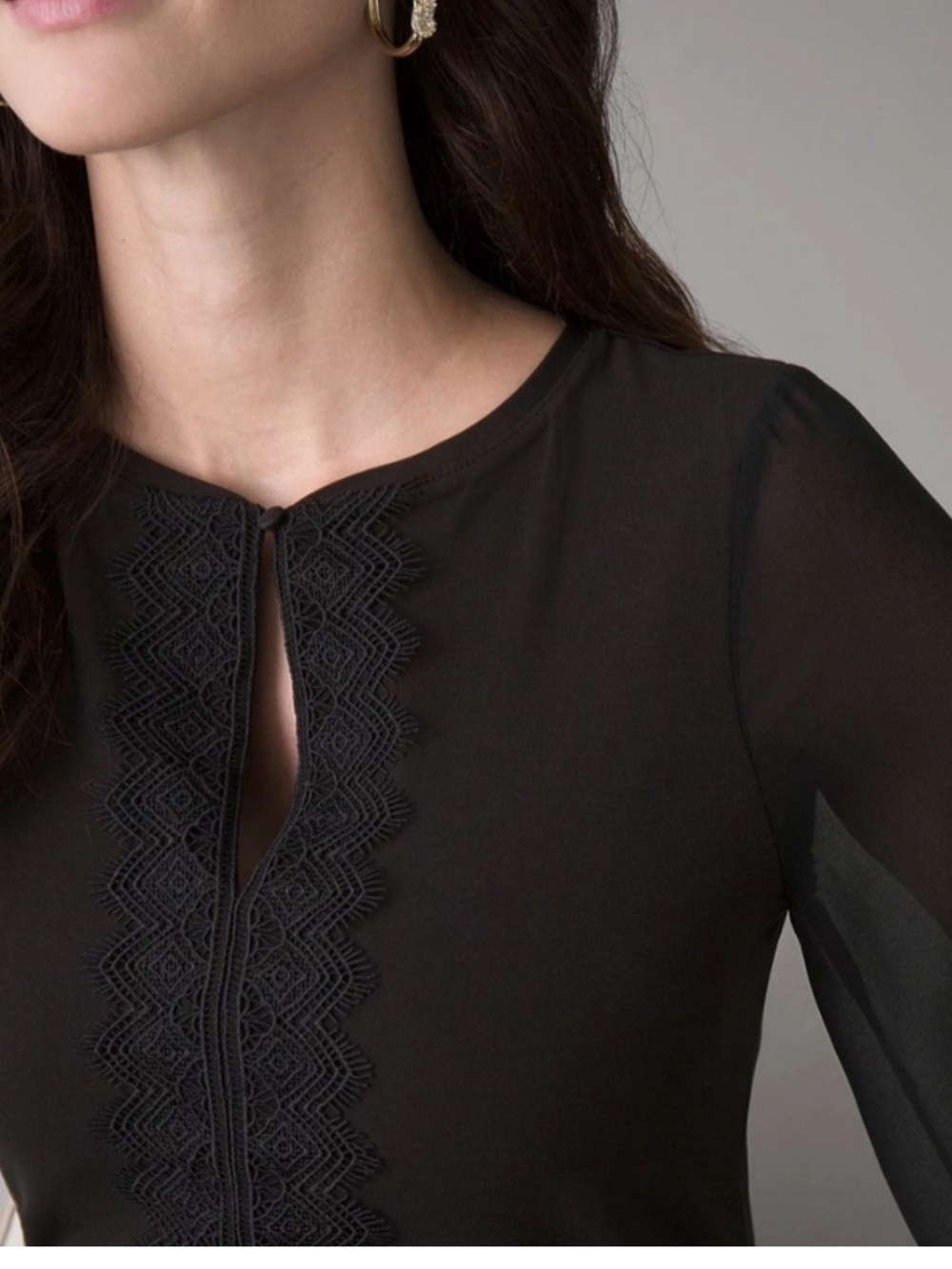 WHBM Lace Crepe Long Sheer Sleeve Market Blouse Women’s SZ L in Black - Picture 2 of 9